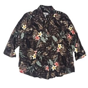 Caribbean Joe Woman 2X Tropical Floral Map Print Rayon Button UpShirt 3/4 Sleeve